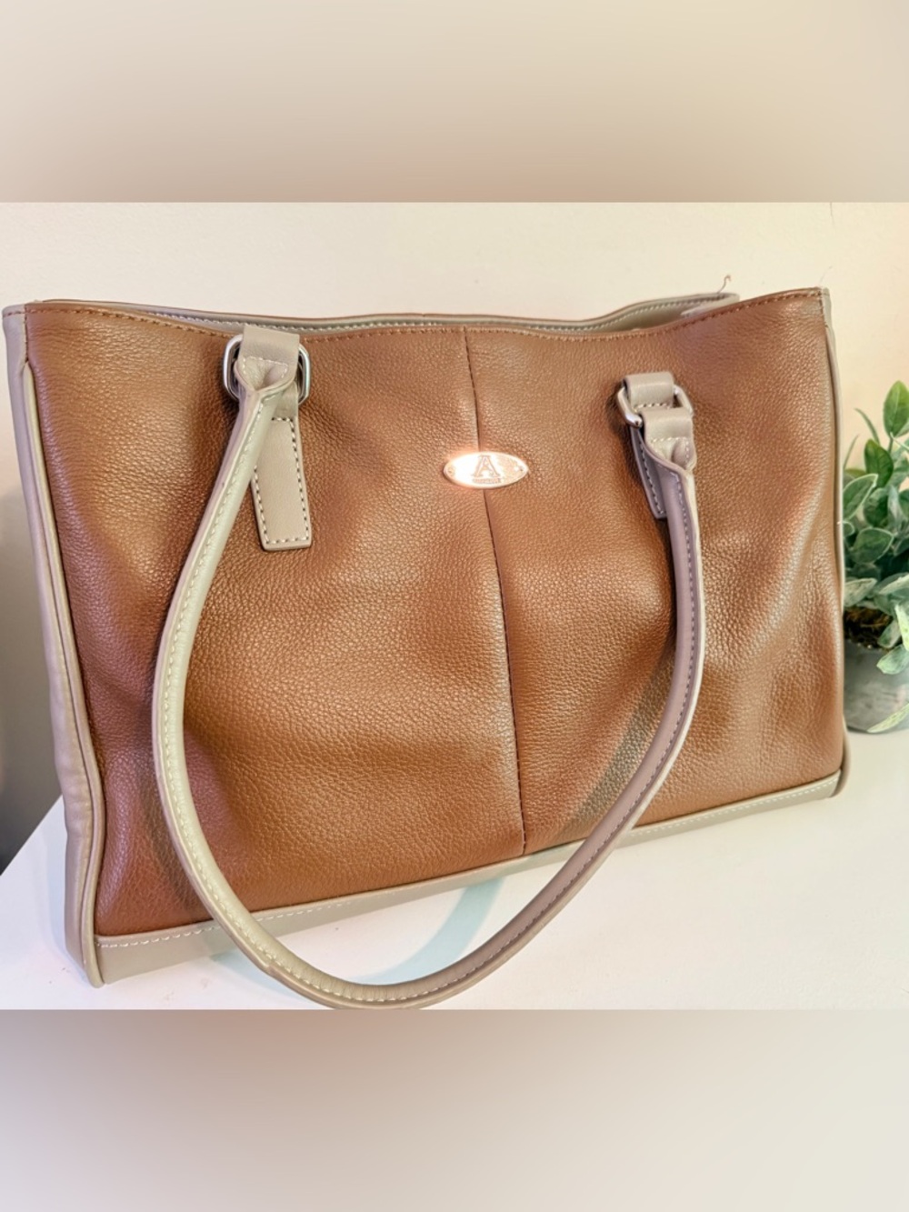 Aurielle Tan & Taupe Satchel Bag w Partial Pebbled Leather